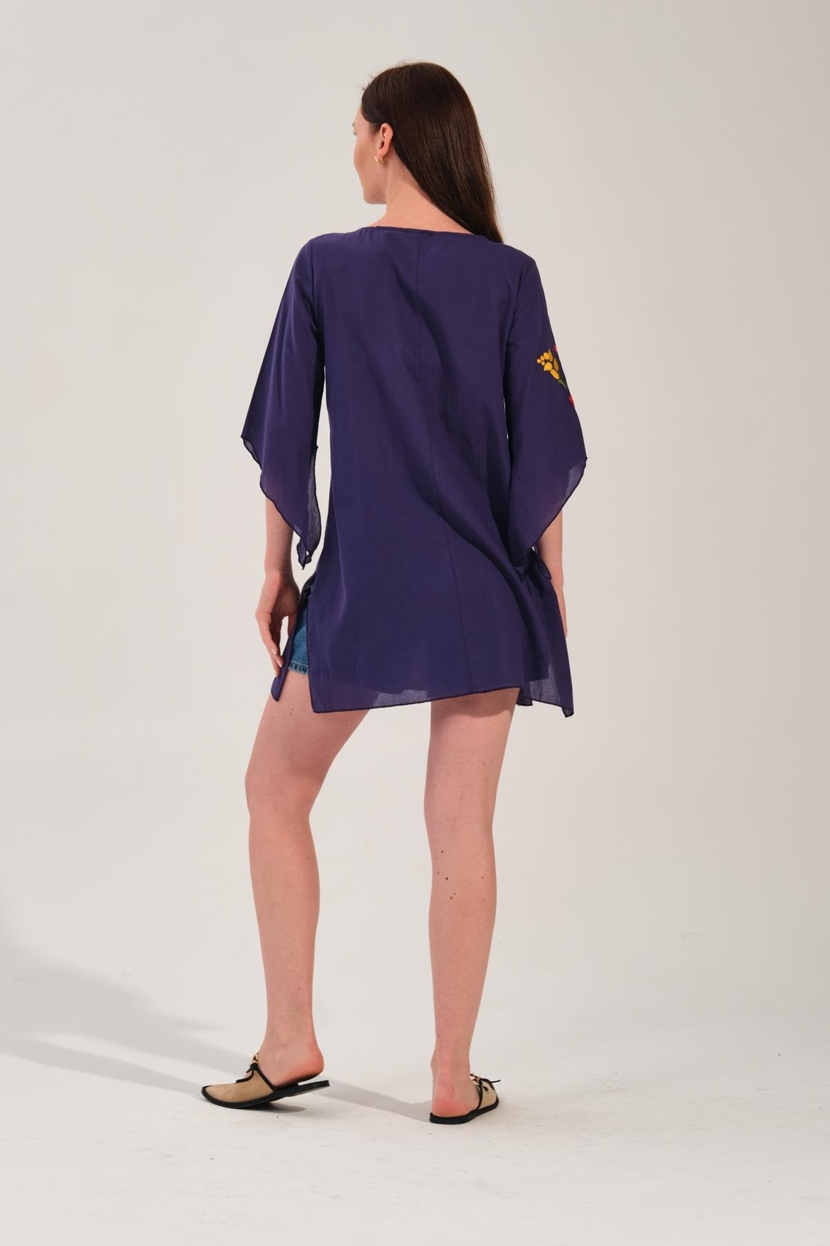 Mor Çiçek Nakışlı Kimono Tunik