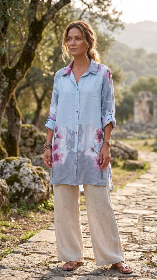 Çiçek Desenli İtalyan Keten Uzun Gömlek | Yazlık Oversize Tunik