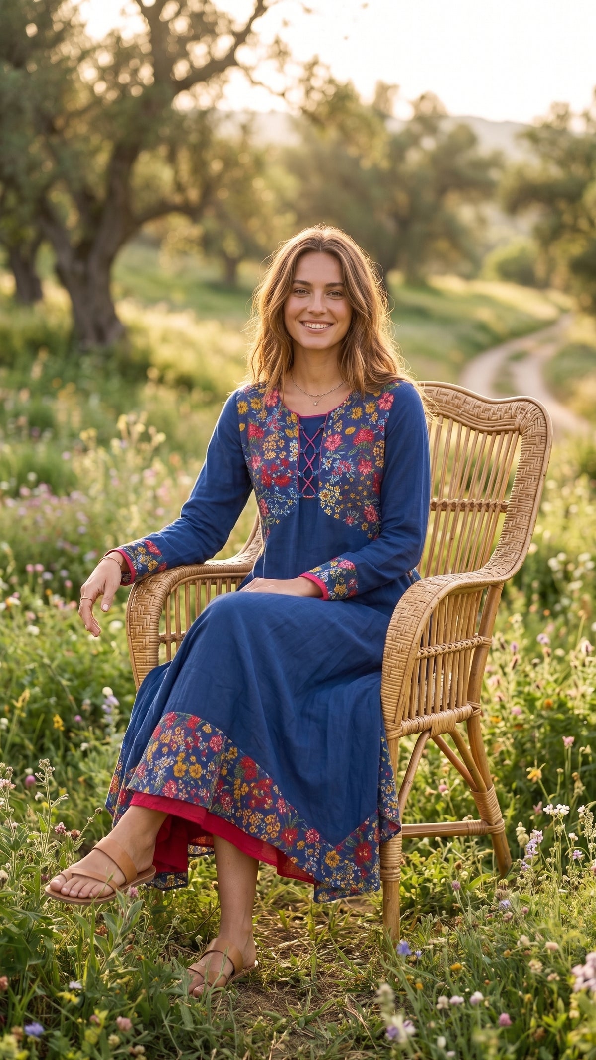 Çiçek Desenli Kontrastlı Boho Maxi Elbise - Lacivert