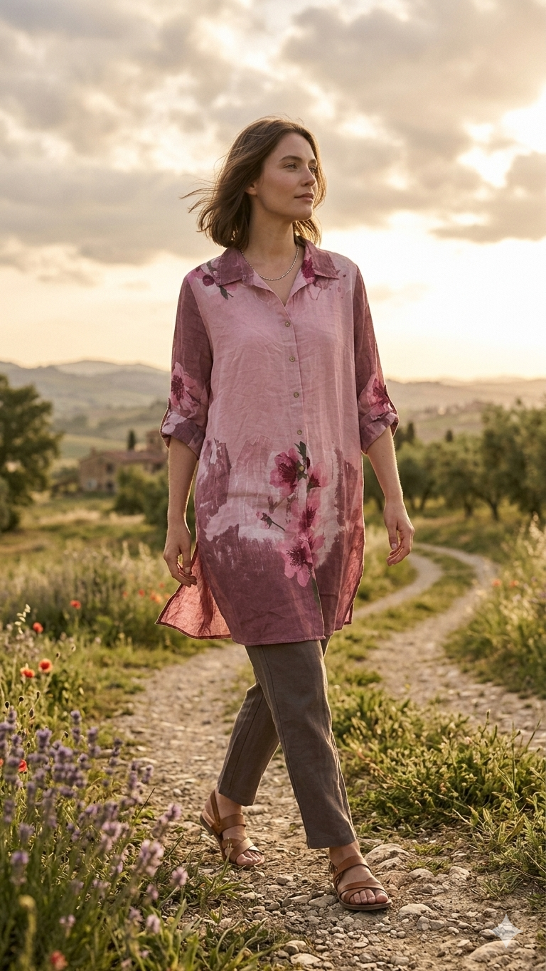 Çiçek Desenli İtalyan Keten Uzun Gömlek | Yazlık Oversize Tunik