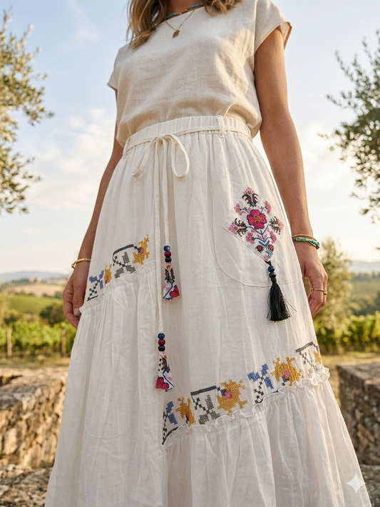 Vual Kumaş Etamin İşlemeli Etek