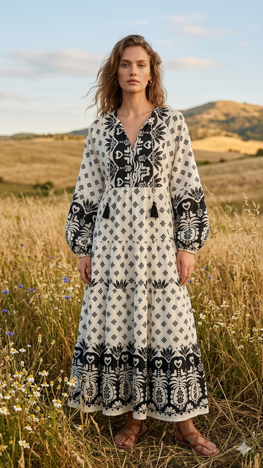 Etnik Desenli Boho Maxi Elbise | %100 Pamuk Dökümlü Uzun Elbise