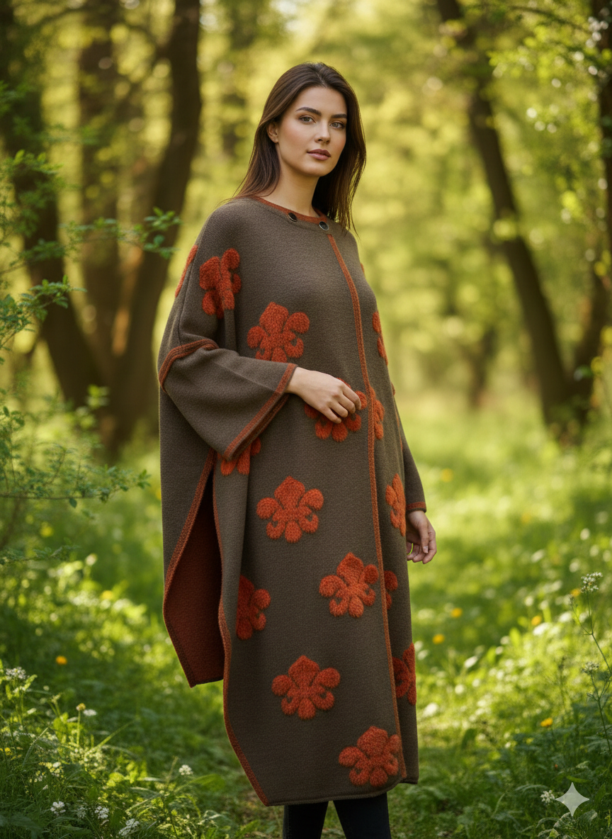 Dökümlü ve Rahat Yün Panço