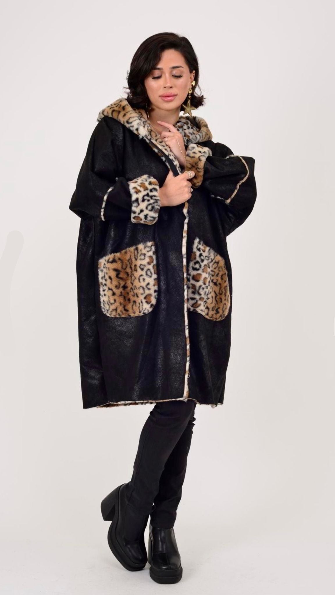 Leopar Desen Fermuarlı Uzun Kaban