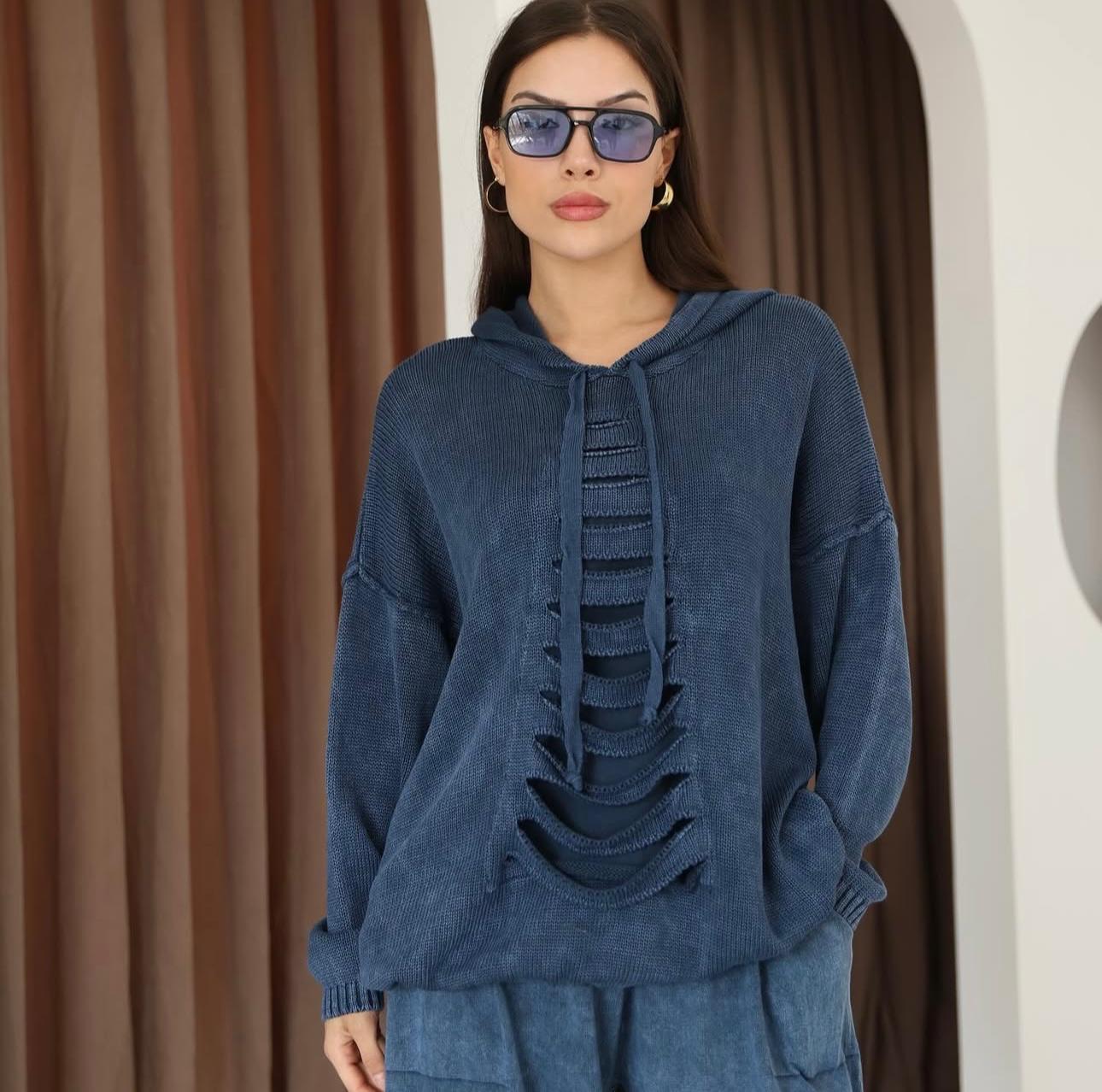 Kapüşon Detaylı Dökümlü %100 Pamuk Etnik Kazak