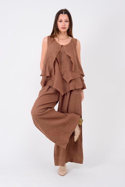 Pile Detaylı Keten Bol Paça Pantolon