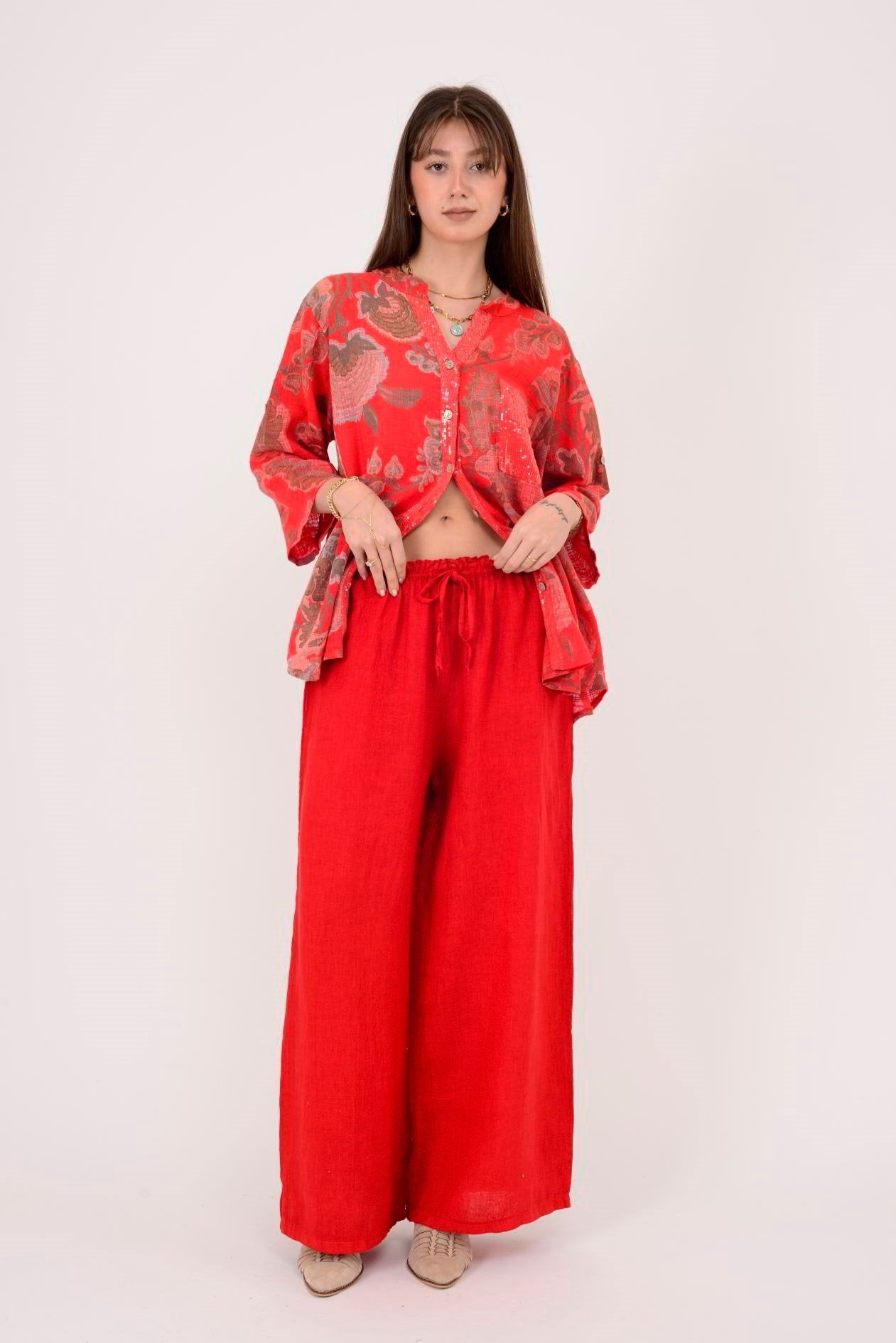 Beli Lastikli İthal Keten Pantolon
