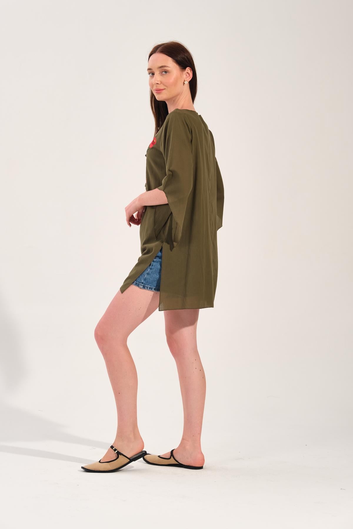 Haki Çiçek Nakışlı Kısa Kaftan Elbise