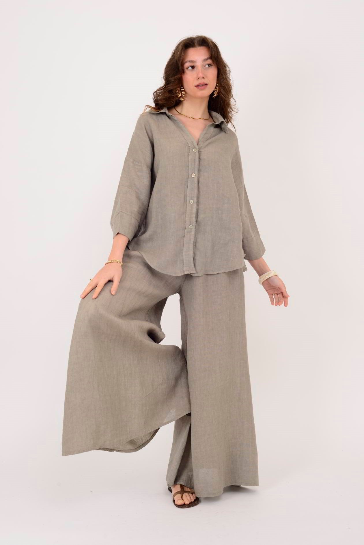 Bel Büzgülü Keten Etek Pantolon - Park Collection