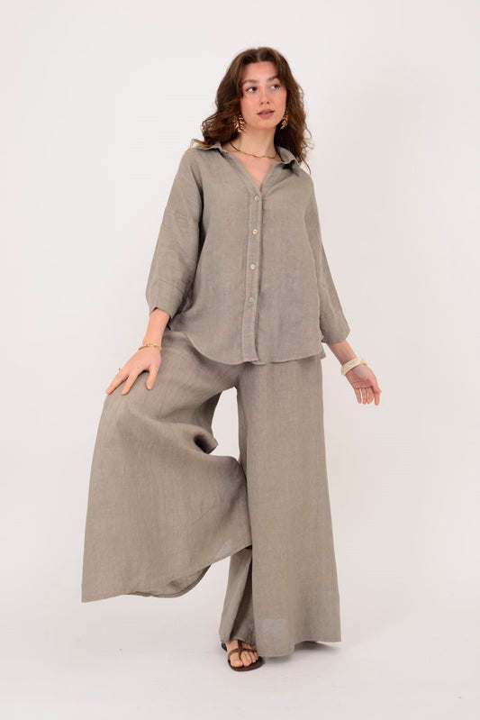 Bel Büzgülü Keten Etek-Pantolon