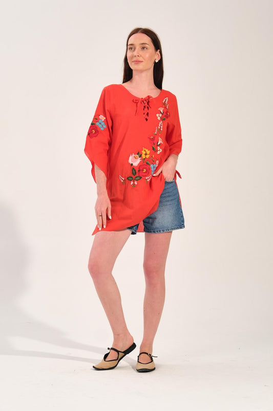 Kırmızı Çiçek Nakışlı Kimono Tunik