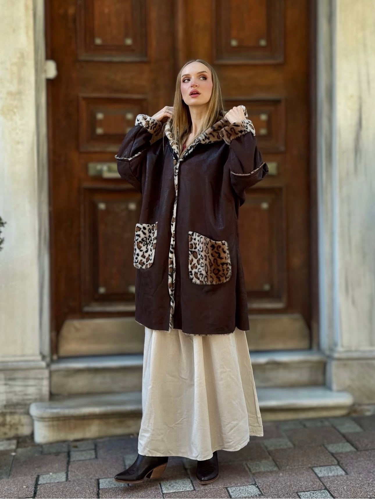 Leopar Desen Fermuarlı Uzun Kaban