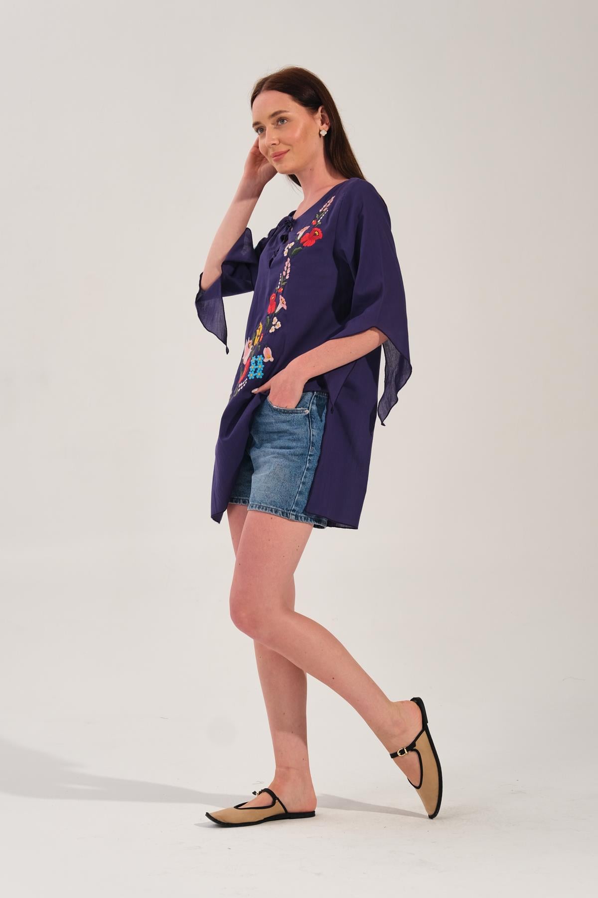 Mor Çiçek Nakışlı Kimono Tunik