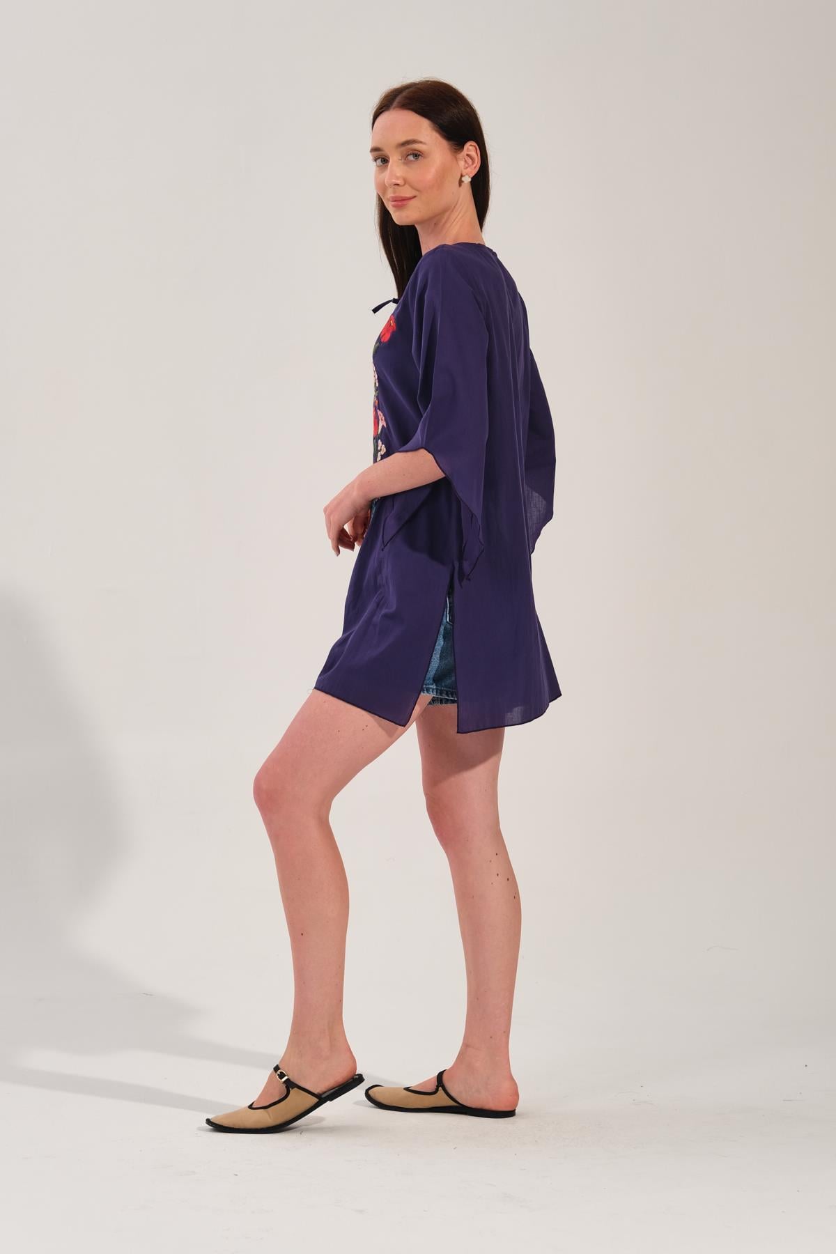 Mor Çiçek Nakışlı Kimono Tunik
