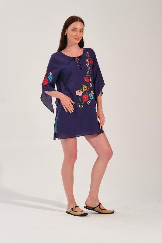 Mor Çiçek Nakışlı Kimono Tunik