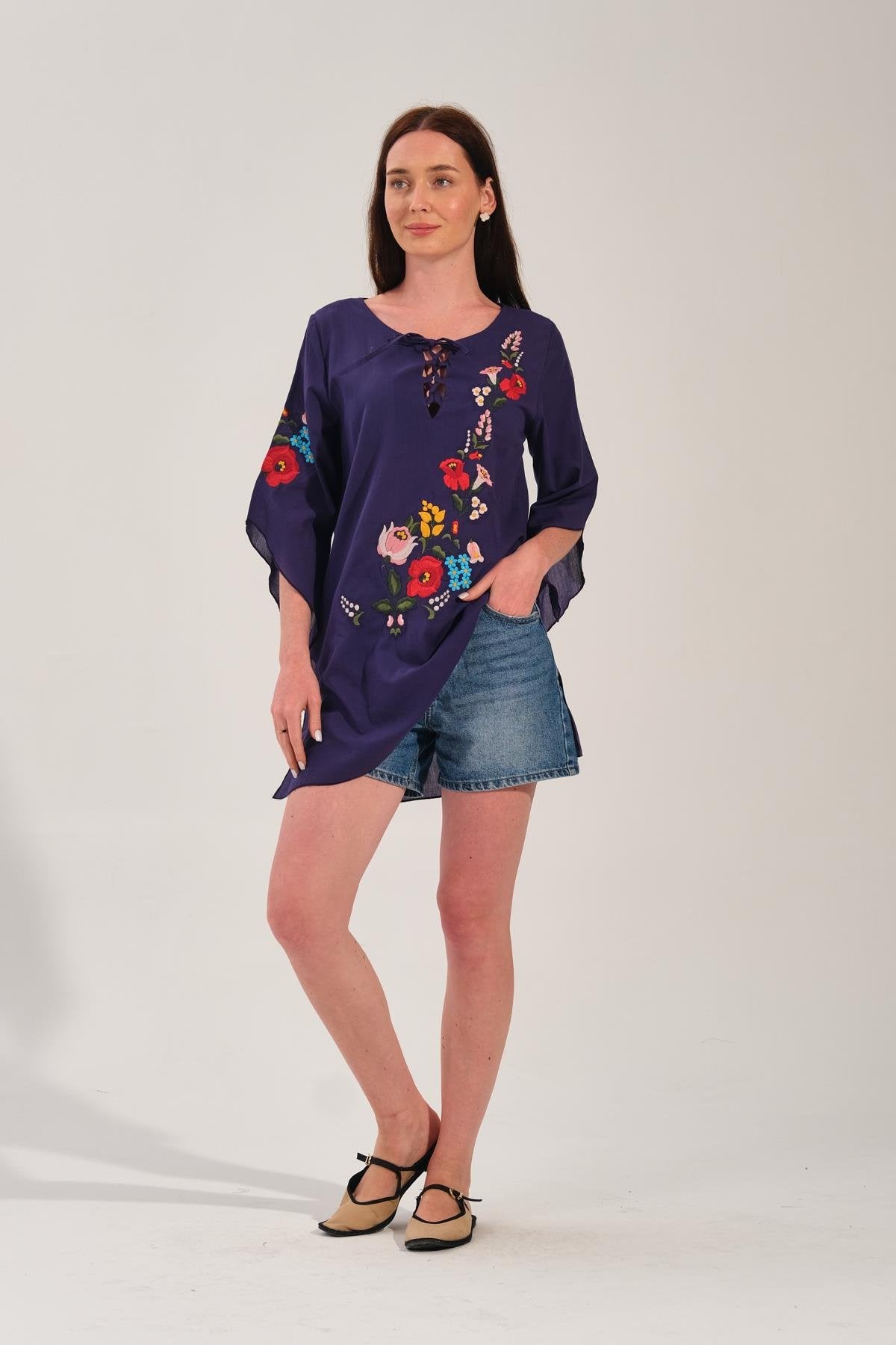 Mor Çiçek Nakışlı Kimono Tunik
