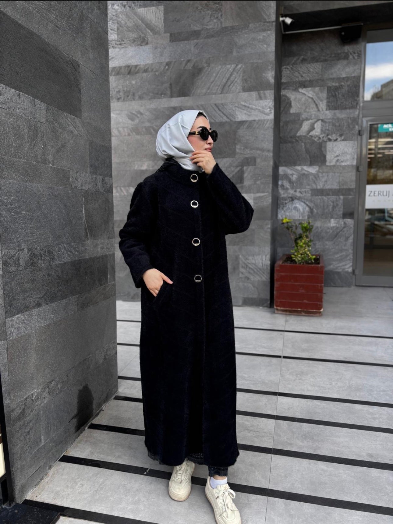 Tam boy kaşmir karışımlı dış giyim ön görünüm
