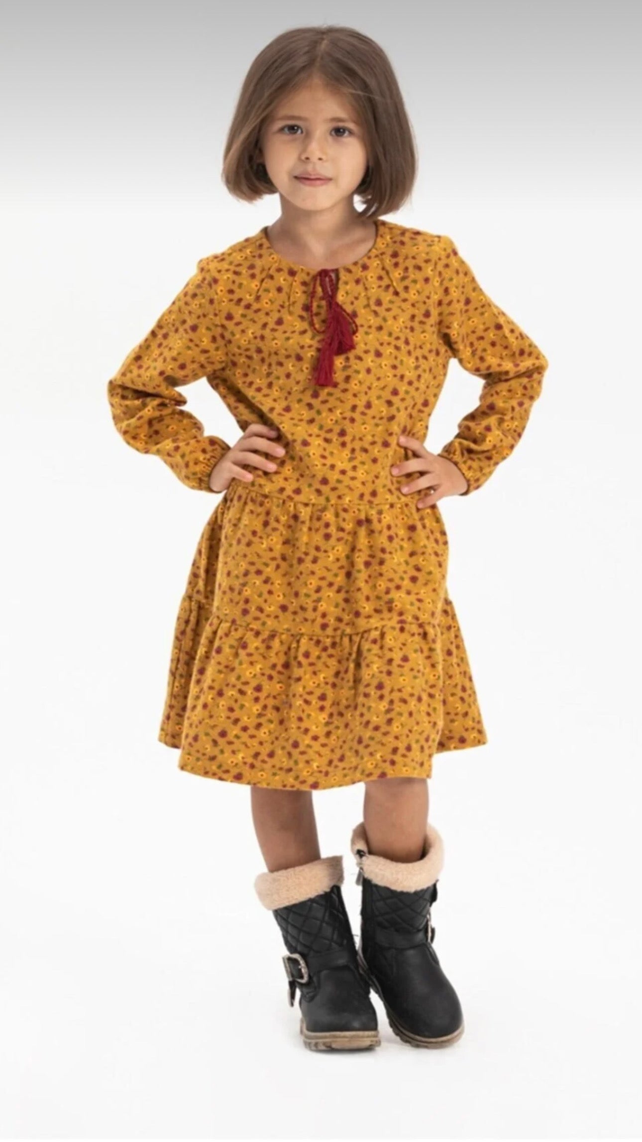 Çocuk Hardal Rengi Pazen Elbise