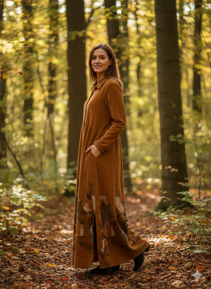 Çiçek Desen Düğmeli Kadife Elbise