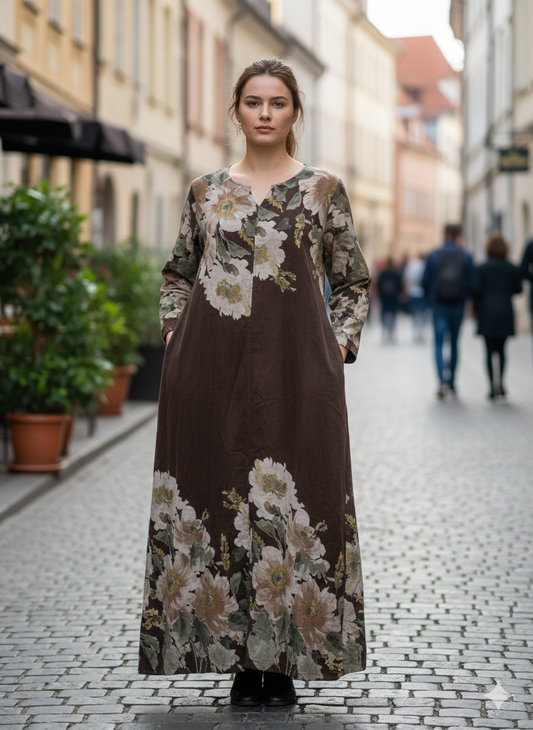 Çiçek Desenli Cep Detaylı Kadife Elbise