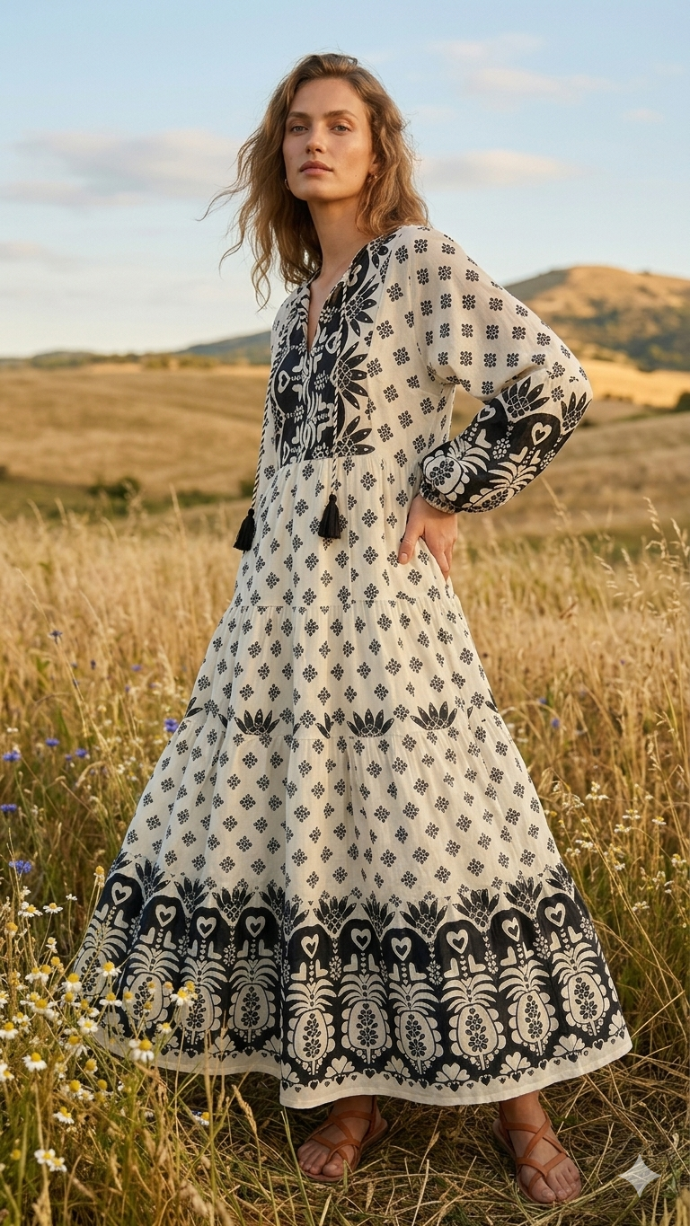 Etnik Desenli Boho Maxi Elbise | %100 Pamuk Dökümlü Uzun Elbise