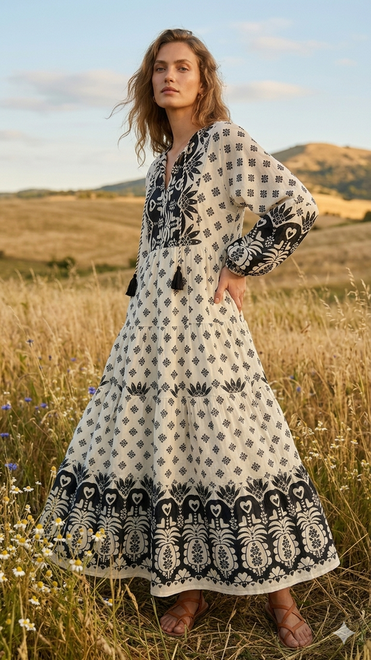 Etnik Desenli Boho Maxi Elbise | %100 Pamuk Dökümlü Uzun Elbise