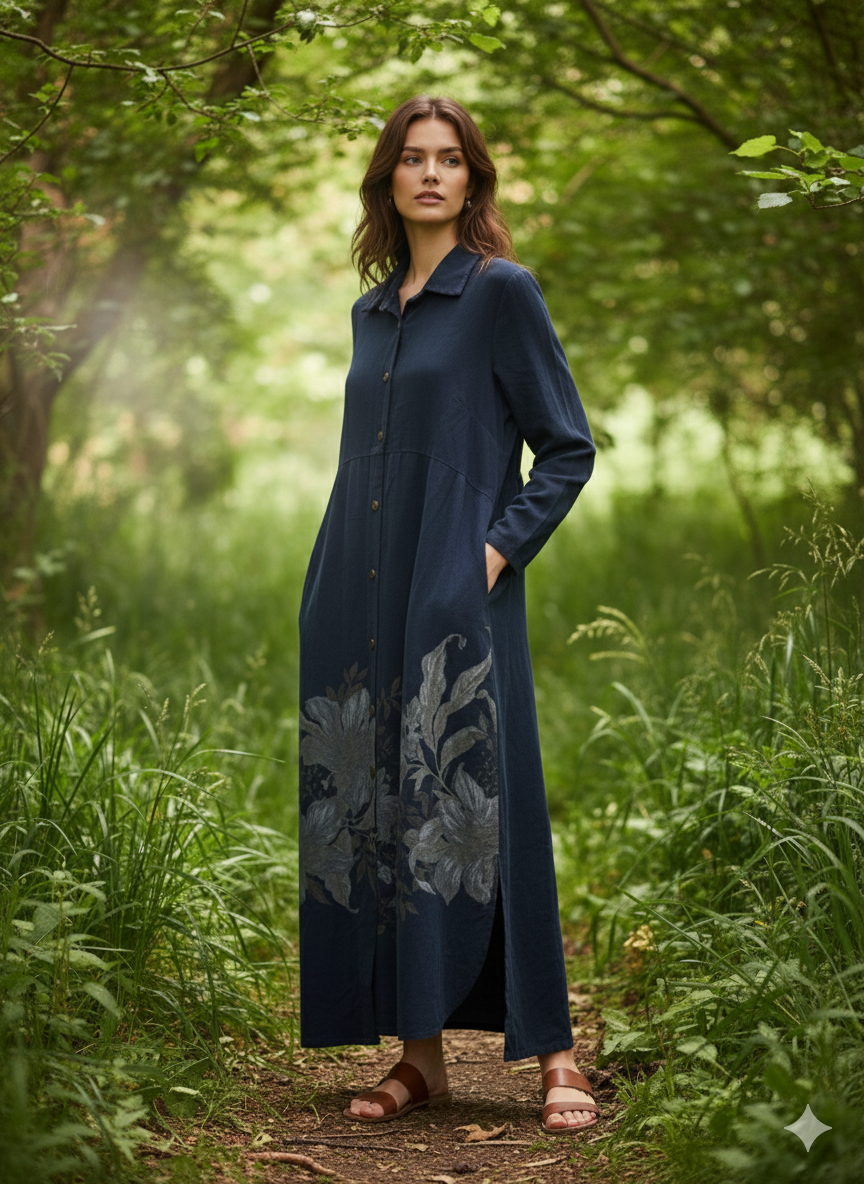 Çiçek Desen Düğmeli Kadife Elbise