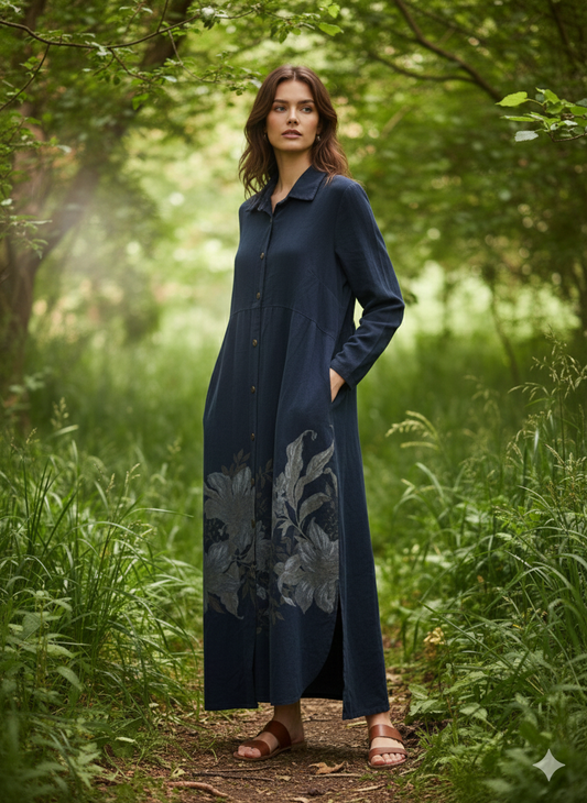 Çiçek Desen Düğmeli Kadife Elbise