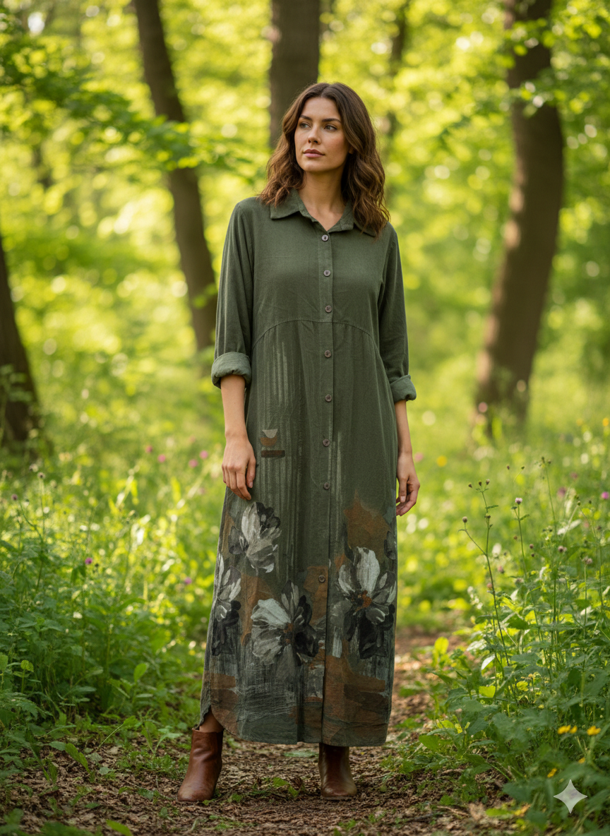 Çiçek Desen Düğmeli Kadife Elbise