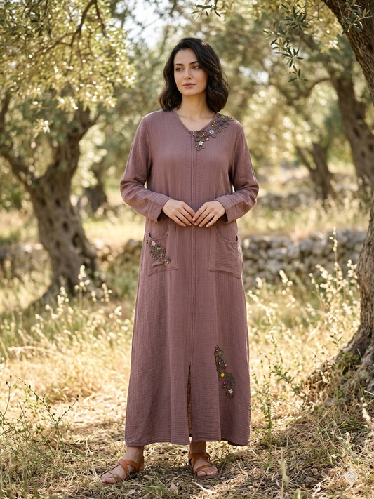 Müslin Kumaş İşleme Detaylı Dış Giyim-Ferace