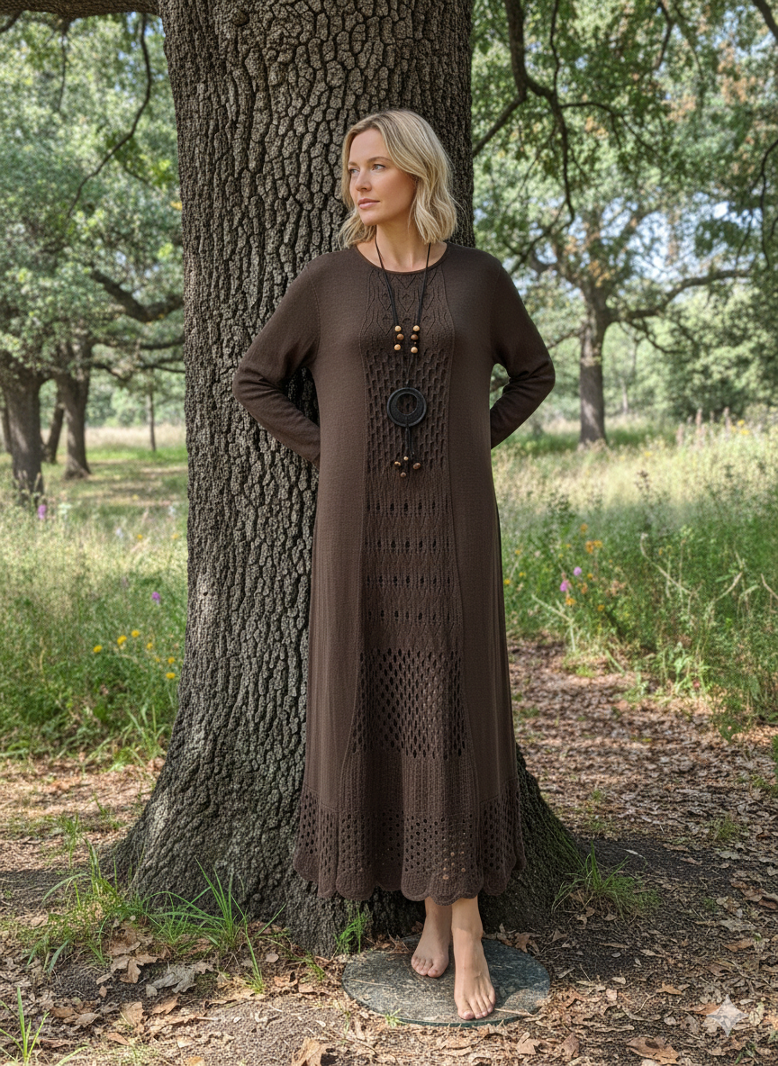 Dantel Detaylı Doğal Doku Elbise