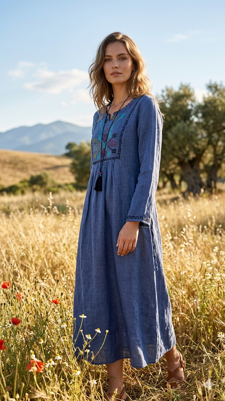 Kahverengi Etnik Nakışlı Pamuk Elbise - Park Collection