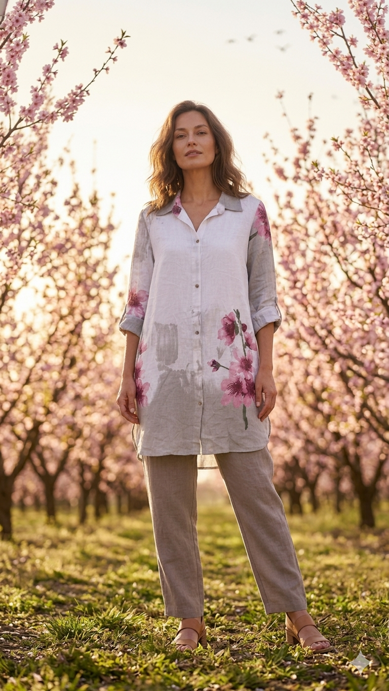 Çiçek Desenli İtalyan Keten Uzun Gömlek | Yazlık Oversize Tunik