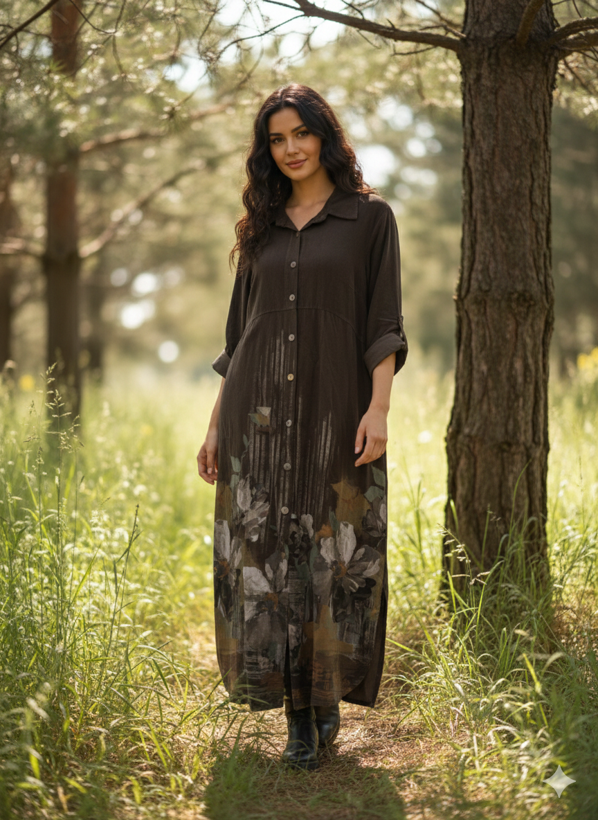 Çiçek Desen Düğmeli Kadife Elbise