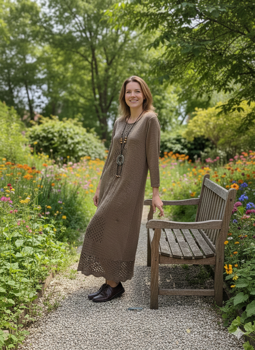 Dantel Detaylı Doğal Doku Elbise