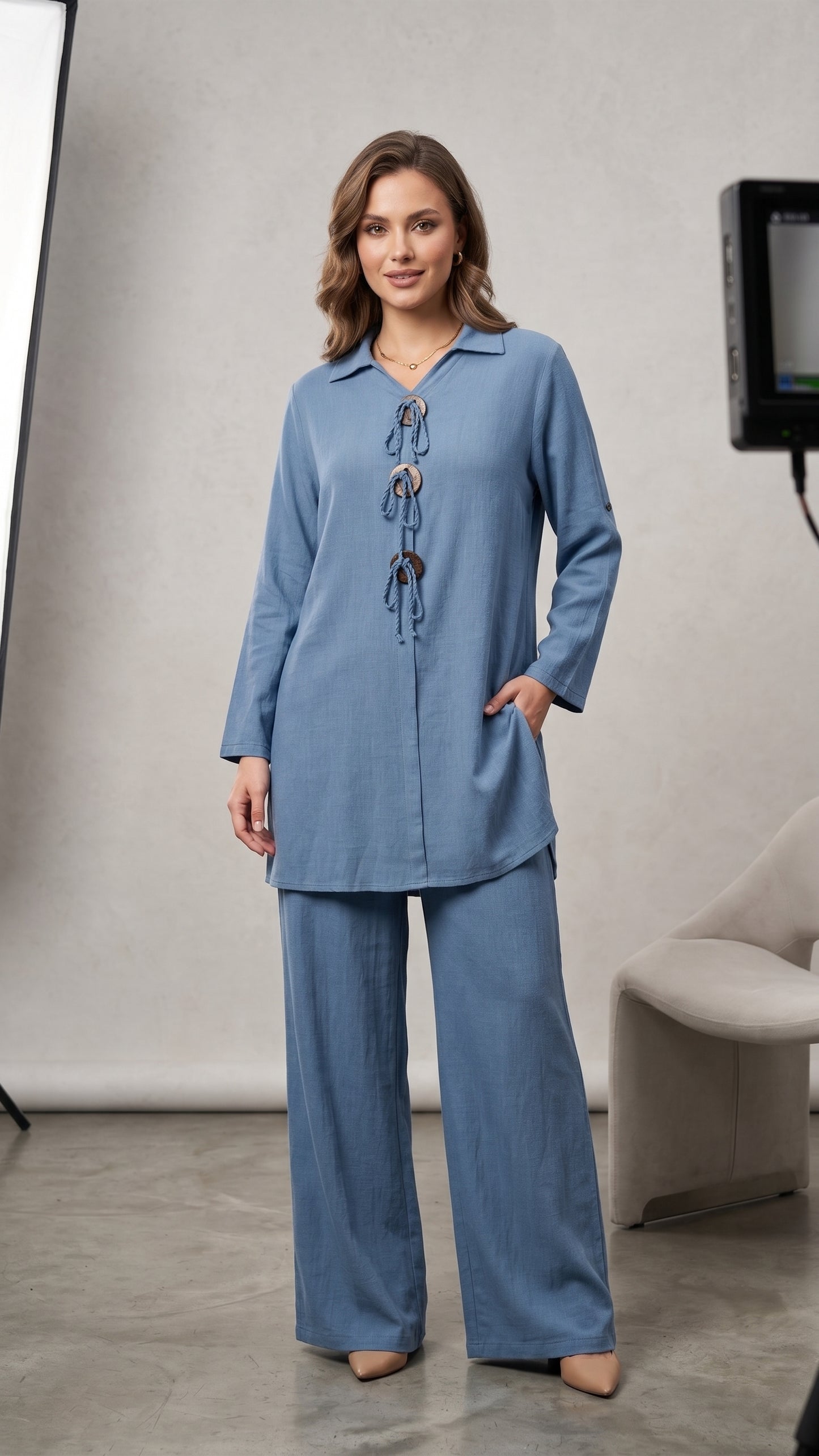 Ahşap Toka Bağlamalı Pamuk Keten Tunik & Pantolon Takım