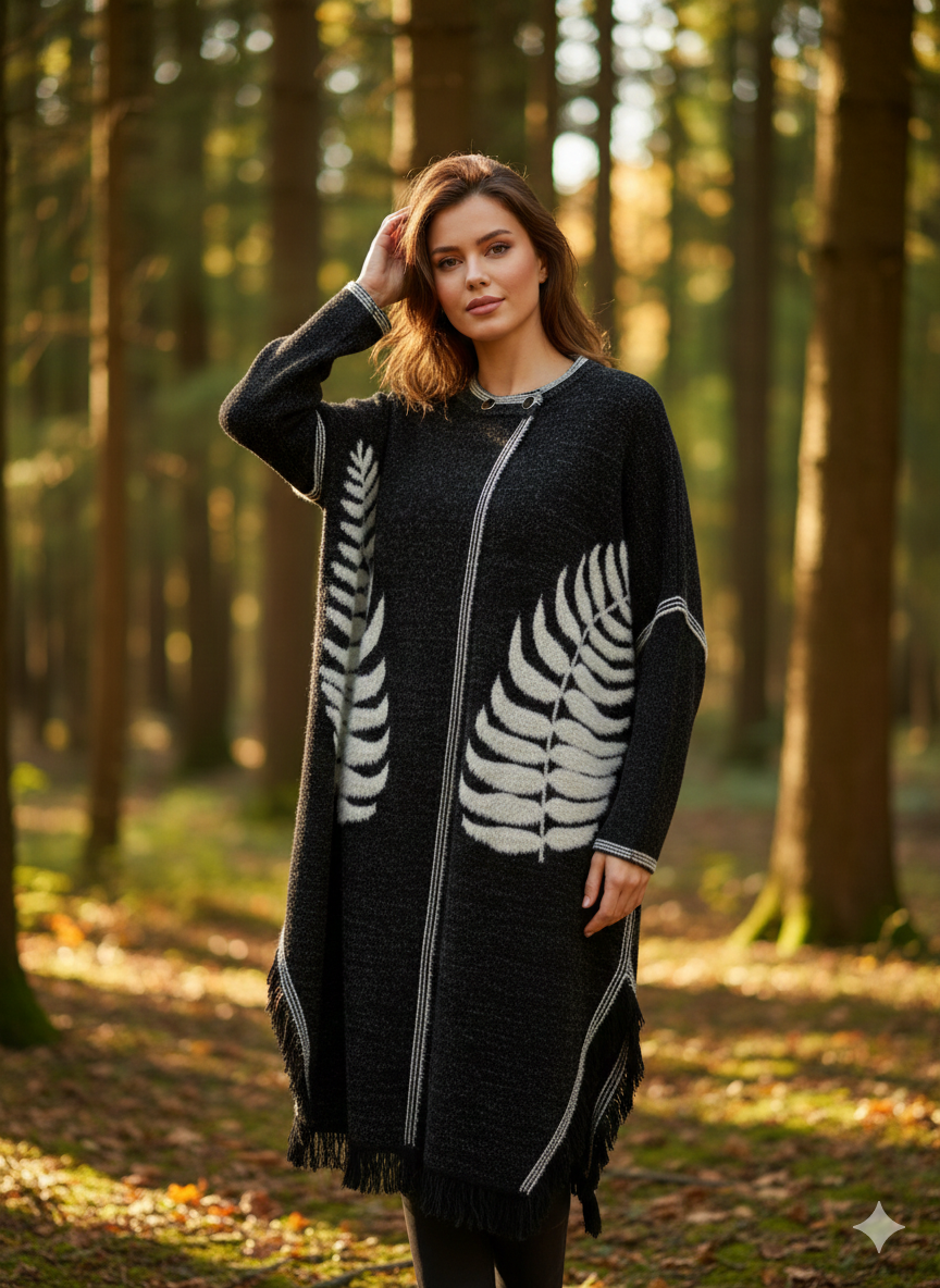 Yaprak Desenli Yün Panço - Park Collection