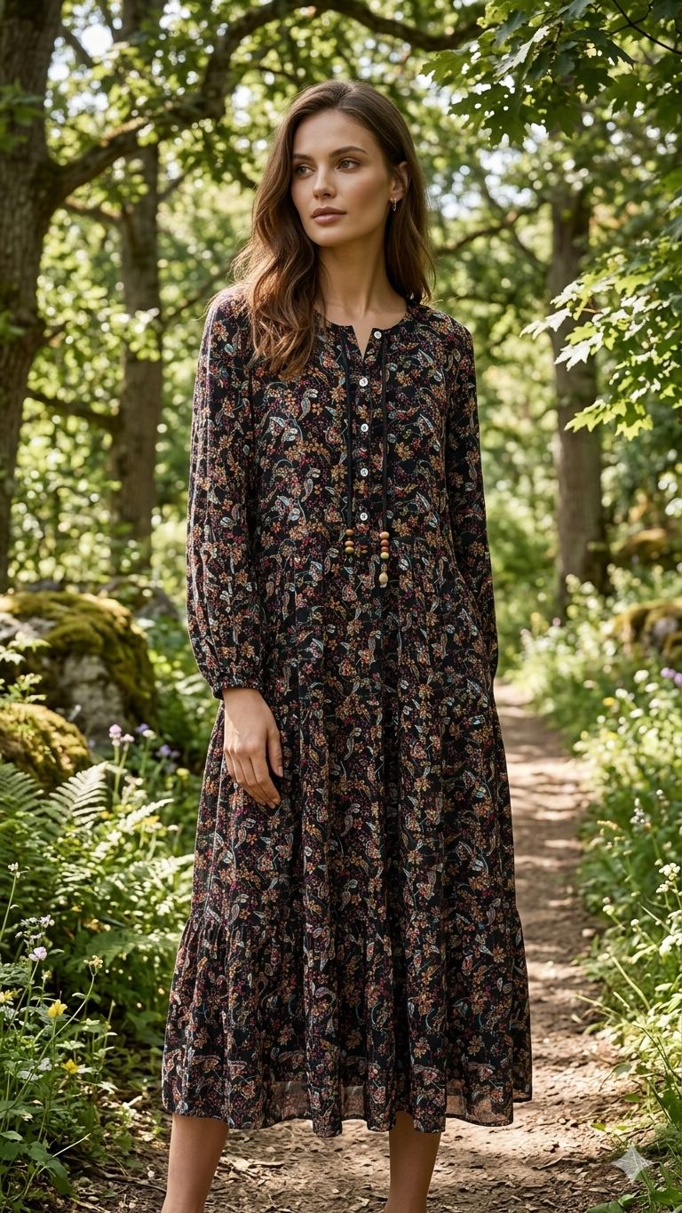 Çiçek Desen Vual Kumaş Elbise - Park Collection
