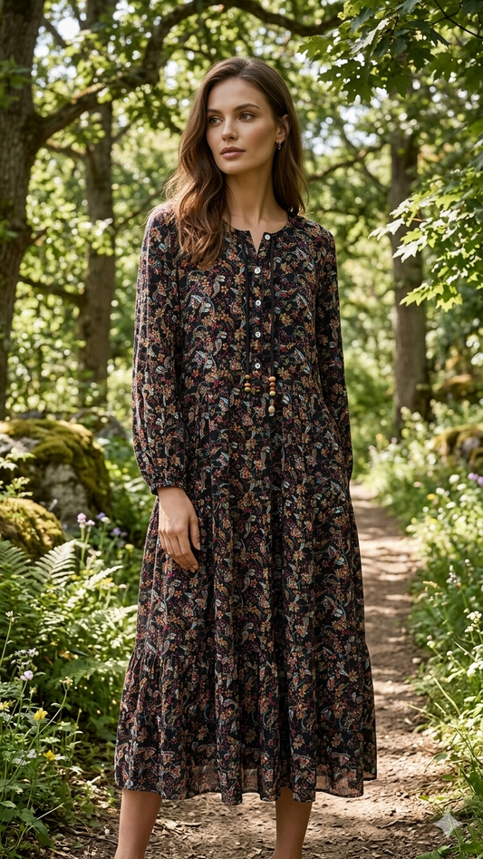 Çiçek Desen Vual Kumaş Elbise - Park Collection