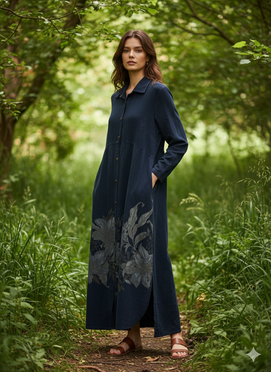 Çiçek Desen Düğmeli Kadife Elbise