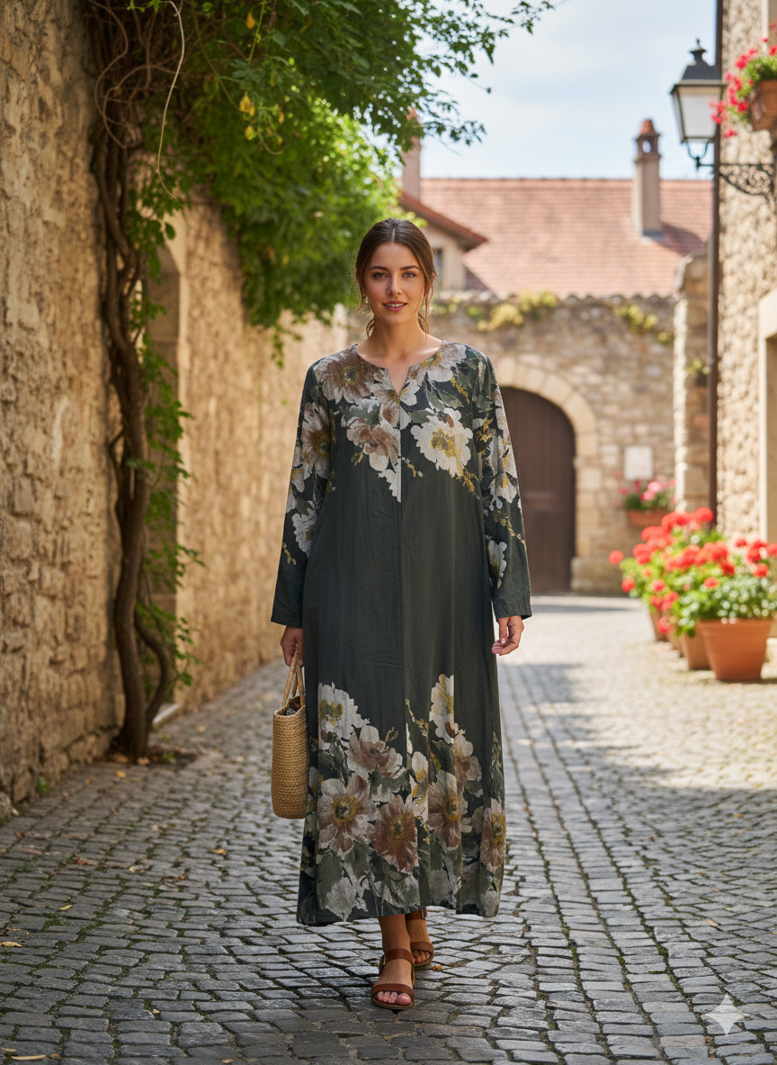 Çiçek Desenli Cep Detaylı Kadife Elbise