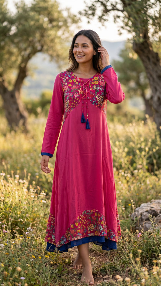 Çiçek Desenli Kontrastlı Boho Maxi Elbise - Fuşya