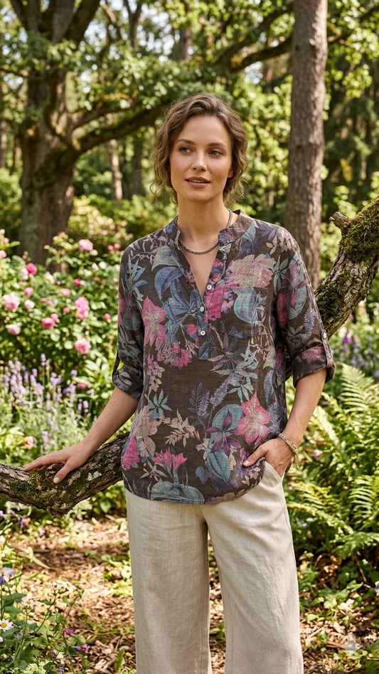 Botanik Desenli %100 Pamuk Bluz - Park Collection