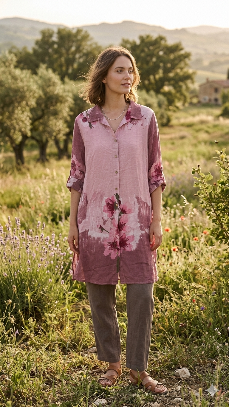 Çiçek Desenli İtalyan Keten Uzun Gömlek | Yazlık Oversize Tunik