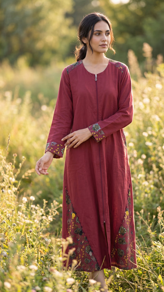 Çiçek Panelli Fermuarlı Astarlı Boho Kaftan Elbise - Bordo