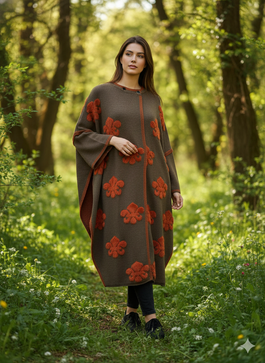 Dökümlü ve Rahat Yün Panço