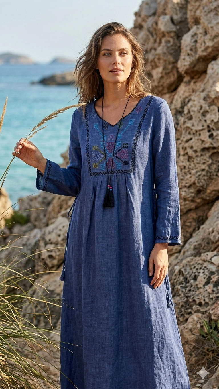 Mavi Etnik Nakışlı Pamuk Elbise - Park Collection