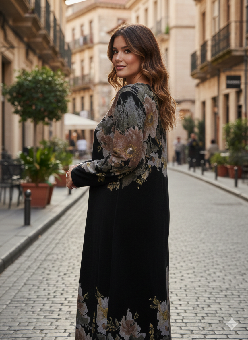 Çiçek Desenli Cep Detaylı Kadife Elbise