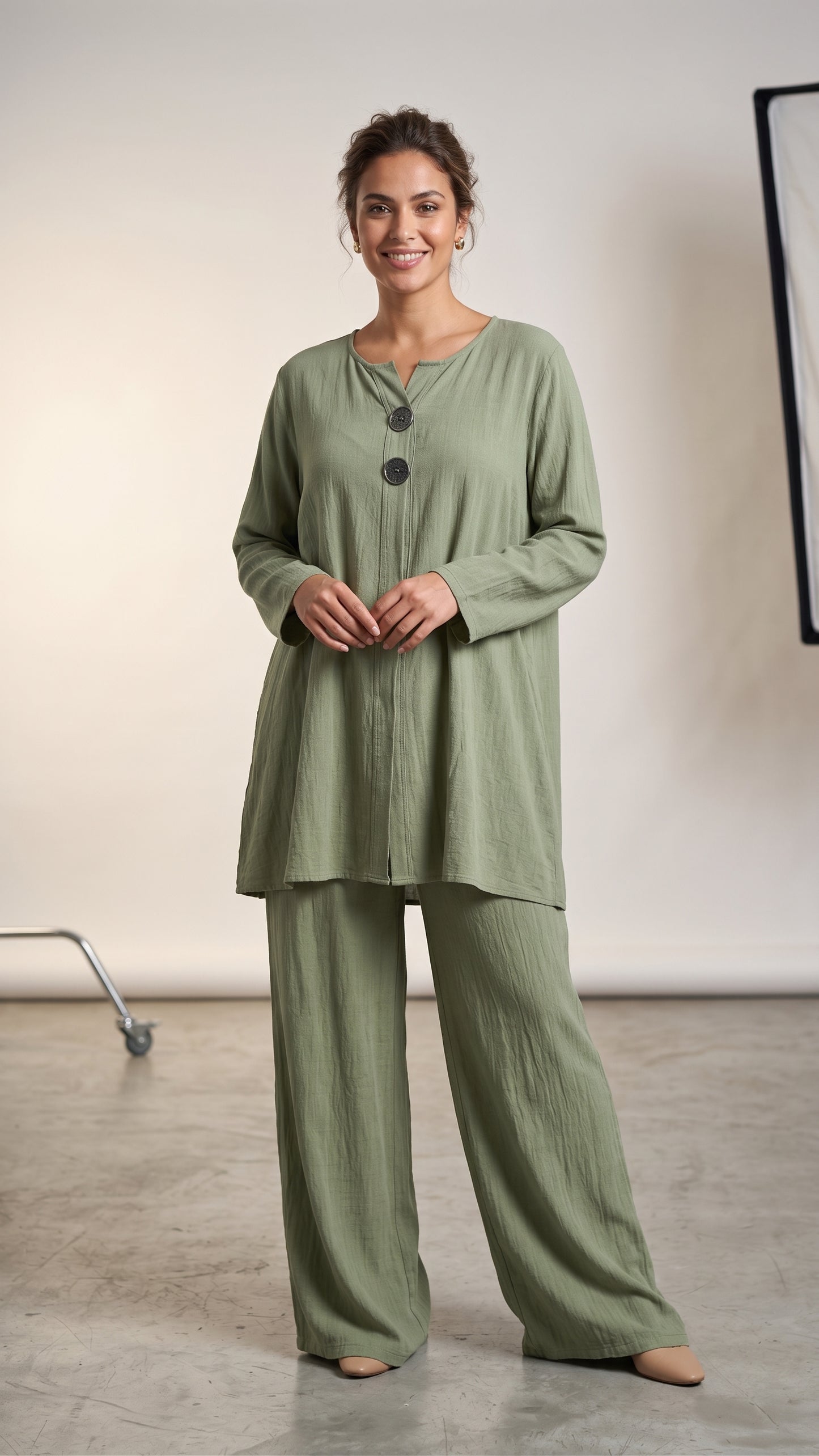 Ahşap Düğme Detaylı Pamuklu Tunik Pantolon Takım