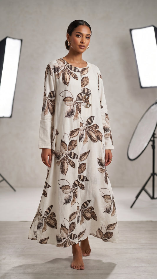 Krem Yaprak Desenli Düğmeli Kaftan Elbise